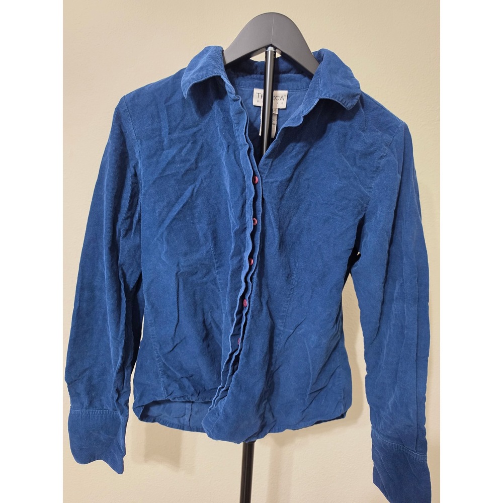 Tribeca Studio Blue Corduroy Button Down Shirt Womens 12 Cotton Long Sleeve